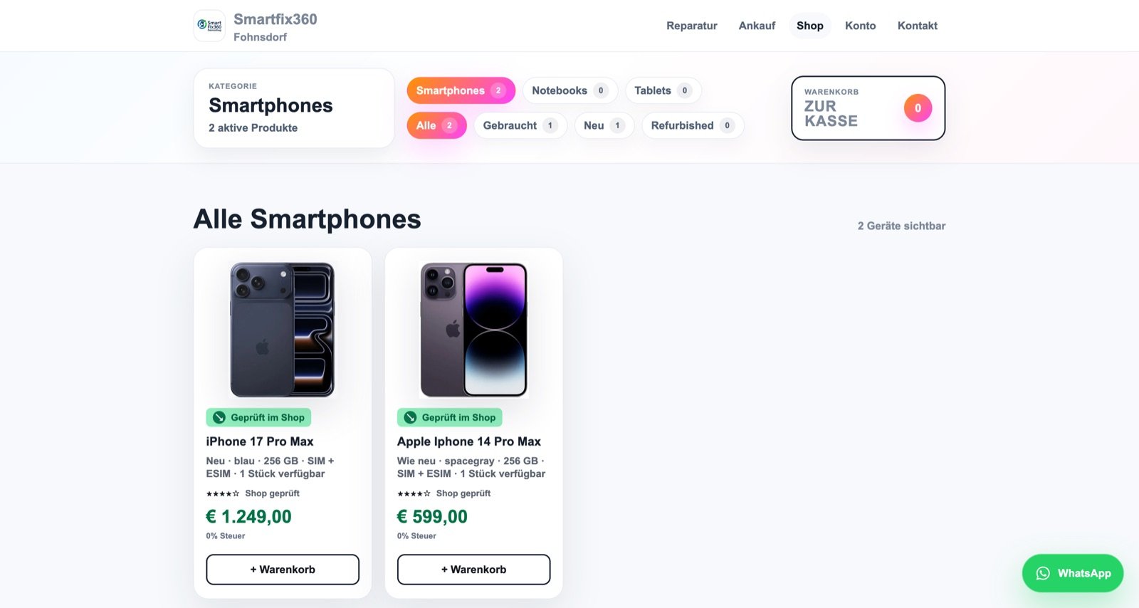 Smartfix360 Geräte-Shop auf der Händler-Webseite